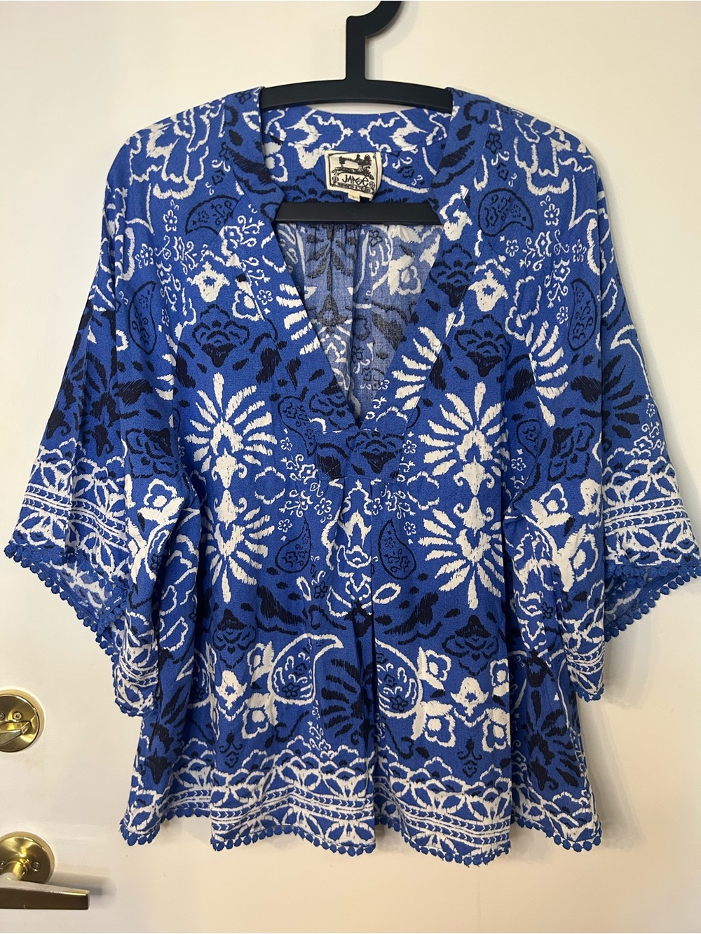 Jaase Women’s Blue White Black Printed V-Neck Boho Blouse Tassel Trim Size L